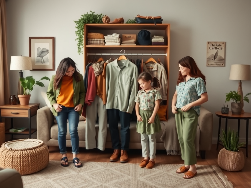 Een vrouw, een meisje en een andere vrouw passen kleding voor een stijlvolle look in een gezellige kamer.