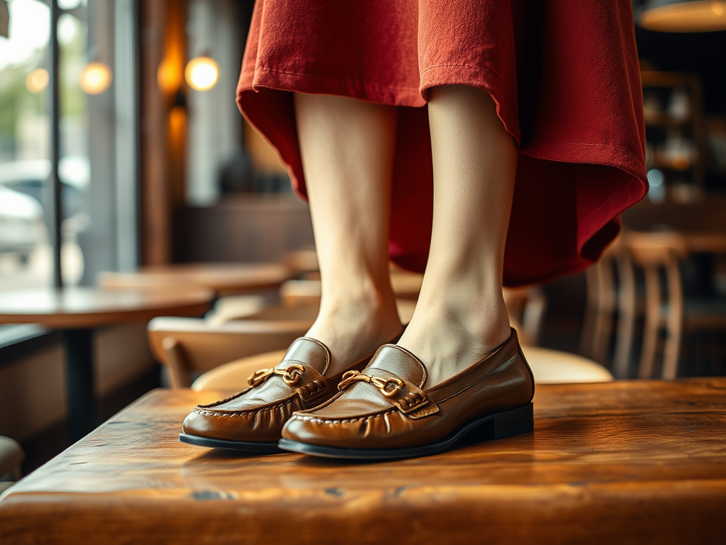 Een paar bruine loafers staan op een houten tafel, met een vrouw in een rood gewaad ernaast.