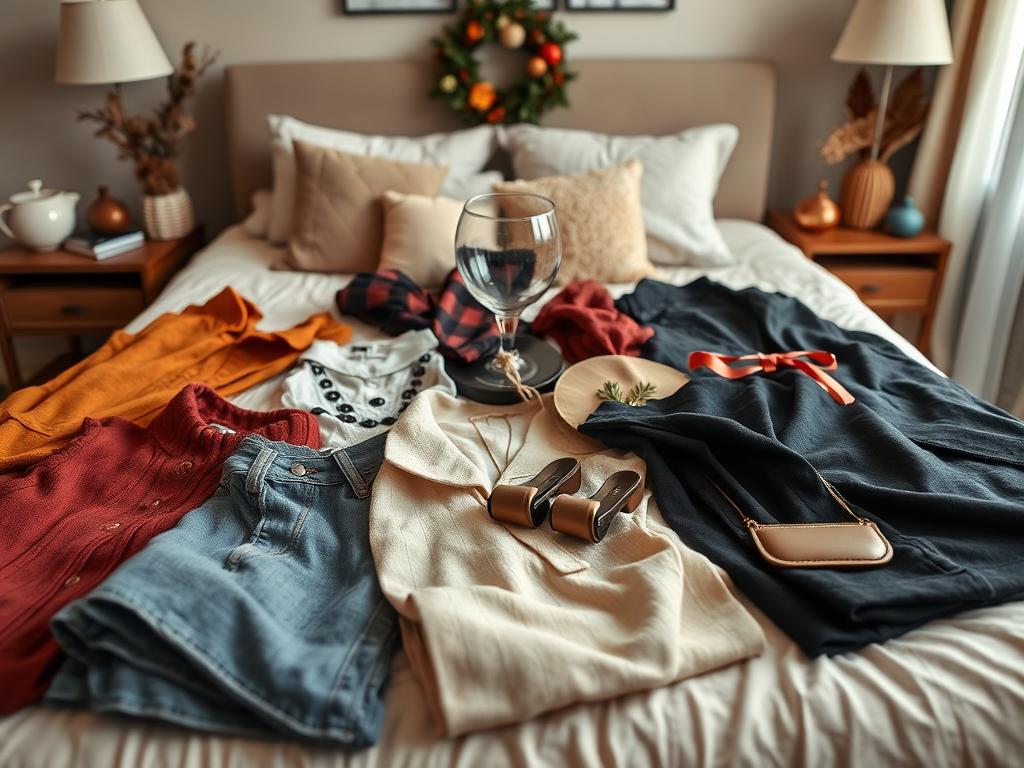 Een bed met verschillende kledingstukken, accessoires en een vaas op een tafel, ingericht in een gezellige sfeer.