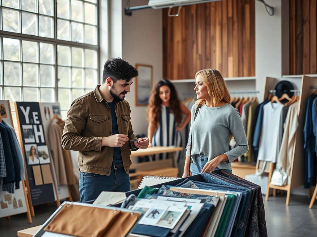 Een man en een vrouw bespreken mode terwijl een andere vrouw op de achtergrond kijkt in een trendy kledingwinkel.