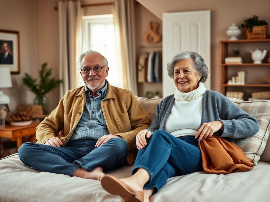 Een oudere man en vrouw zitten samen ontspannen op een bank in een gezellige woonkamer.