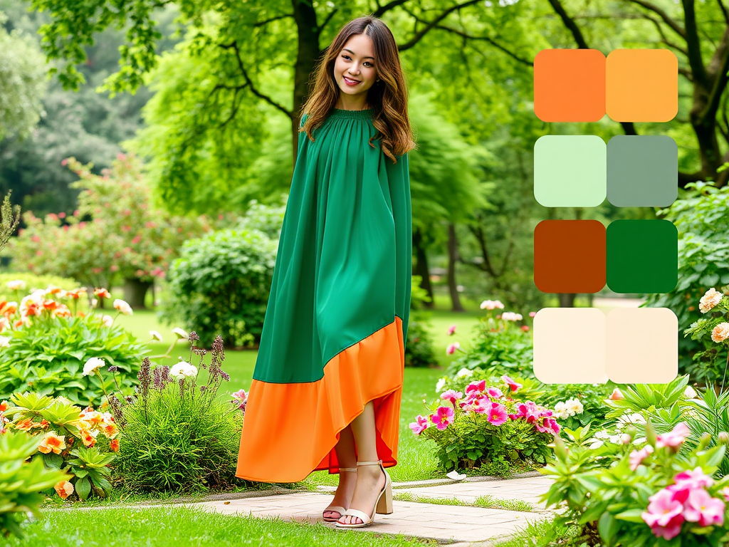 Een vrouw in een groene jurk met een oranje onderkant poseert in een bloementuin. Kleurenpalet aan de zijkant.