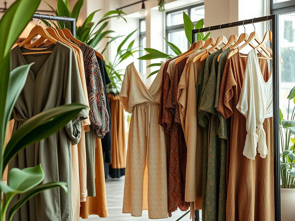 Een rack met stijlvolle kleding in verschillende kleuren staat tussen groene planten in een lichte winkelruimte.