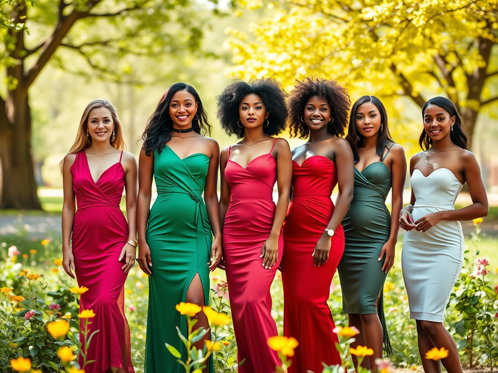 Zes vrouwen in opvallende avondjurken poseren in een kleurrijke bloemenomgeving.