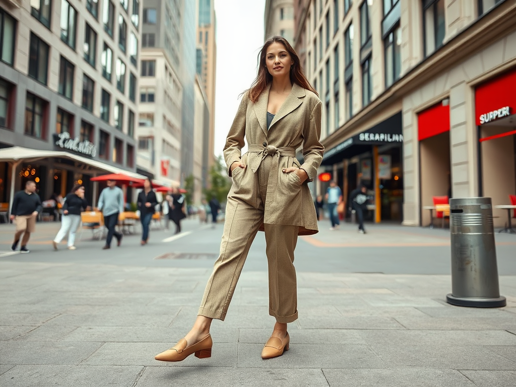 Een vrouw in een beige pak poseert op een drukke straat met winkels en terrasjes.