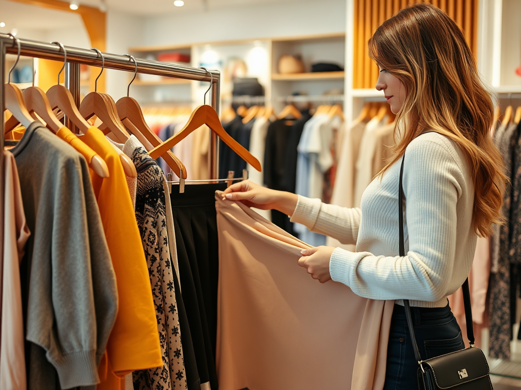 Een jonge vrouw bekijkt een kledingstuk in een modieuze winkel, met veel kleding aan een rek.