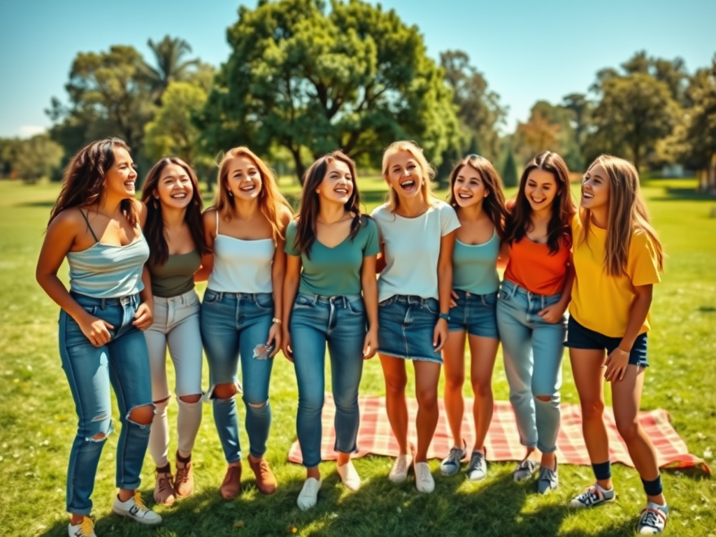 Groep van negen lachende vrouwen in casual kleding, staand op een grasveld bij een picknickkleed.