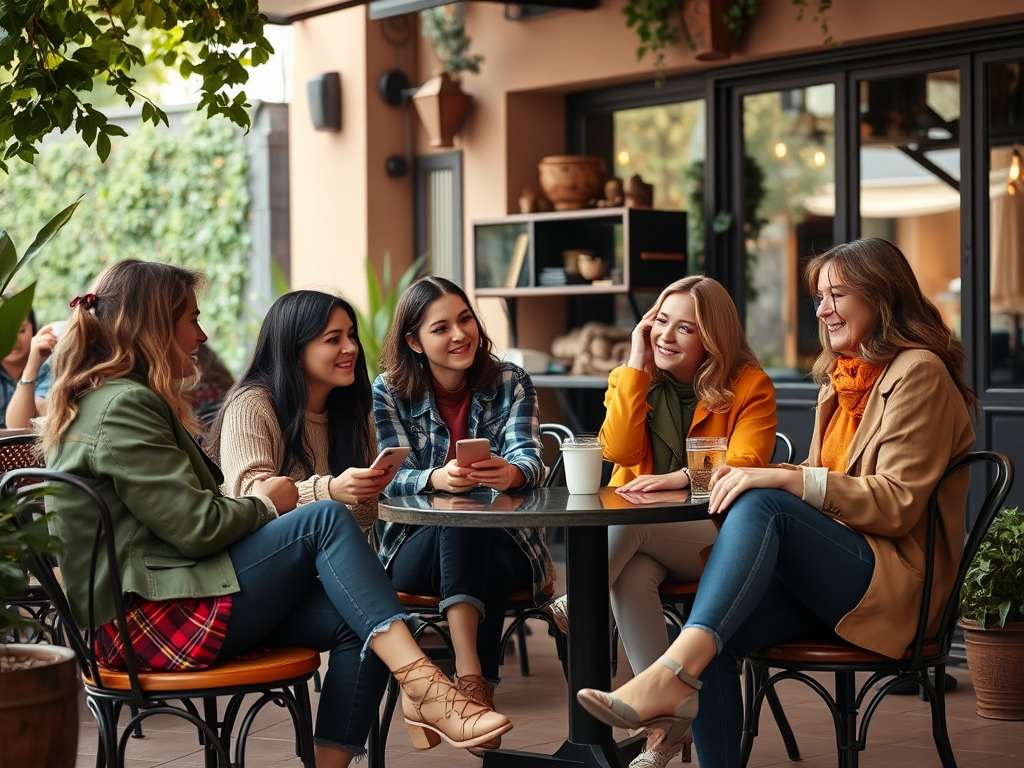 Vijf vrouwen genieten van een gezellige middag in een café, lachend en met telefoons in de hand.